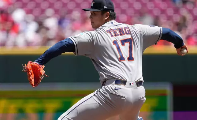 Houston Astros pitcher Kai-Wei Teng delivers during the first inning of a baseball game against the Cincinnati Reds, Sunday, May 10, 2026, in Cincinnati. (AP Photo/Kareem Elgazzar)