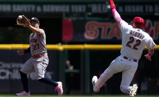 Houston Astros second baseman Jose Altuve receives a throw to start a double play as Cincinnati Reds' JJ Bleday, right, slides into second base during the second inning of a baseball game, Sunday, May 10, 2026, in Cincinnati. (AP Photo/Kareem Elgazzar)