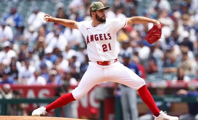 Los Angeles Angels pitcher Grayson Rodriguez throws to a Los Angeles Dodgers batter during the first inning of a baseball game, Sunday, May 17, 2026, in Anaheim, Calif. (AP Photo/Jessie Alcheh)