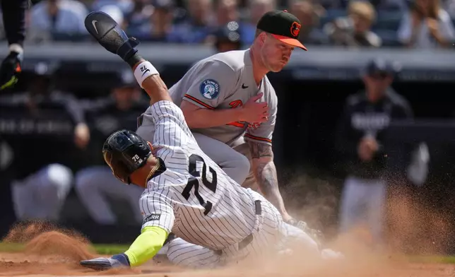 New York Yankees' José Caballero, left, slides past Baltimore Orioles pitcher Kyle Bradish, right, to score on a passed ball during the third inning of a baseball game Saturday, May 2, 2026, in New York. (AP Photo/Frank Franklin II)