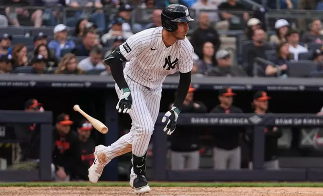 New York Yankees' Cody Bellinger runs to first base for an RBI single during the seventh inning of a baseball game against the Baltimore Orioles Saturday, May 2, 2026, in New York. (AP Photo/Frank Franklin II)