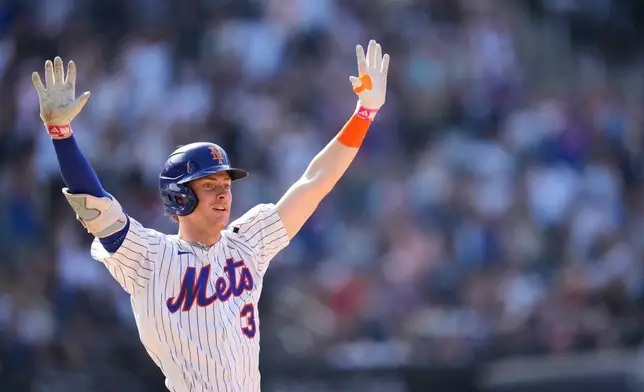 New York Mets' Carson Benge reacts after hitting into a walk-off fielders choice during the tenth inning of a baseball game against the New York Yankees, Sunday, May 17, 2026, in New York. (AP Photo/Seth Wenig)