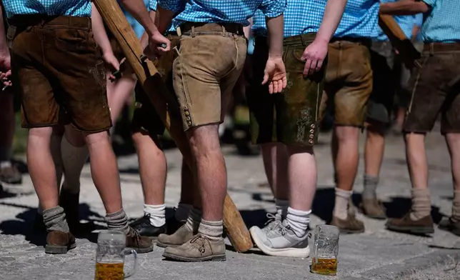 Young men wear leather trousers as they erect a traditional May pole in Kuehbach, Germany, Friday, May 1, 2026. (AP Photo/Matthias Schrader)