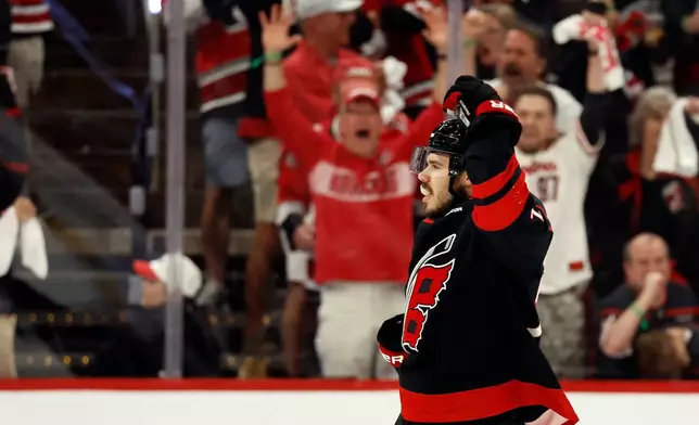 Carolina Hurricanes' Logan Stankoven (22) celebrates his goal against the Montreal Canadiens during the first period in Game 5 of the Eastern Conference finals NHL hockey Stanley Cup playoff series in Raleigh, N.C., Friday, May 29, 2026. (AP Photo/Karl DeBlaker)