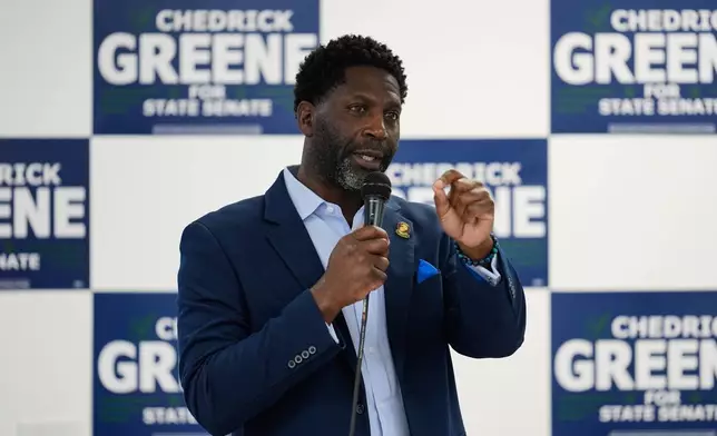 Chedrick Greene, Democratic candidate for the 35th Senate District, speaks at a rally Monday, April 27, 2026, in Saginaw, Mich. (AP Photo/Paul Sancya)