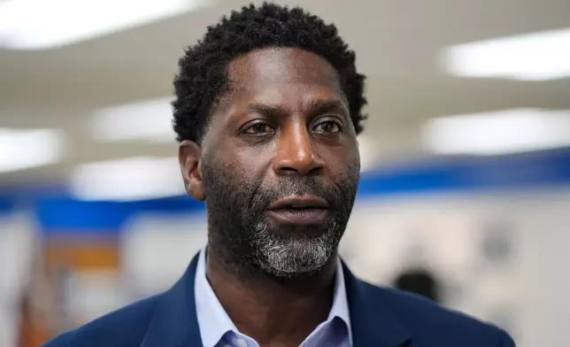 Chedrick Greene, Democratic candidate for the 35th Senate District, speaks at a rally Monday, April 27, 2026, in Saginaw, Mich. (AP Photo/Paul Sancya)