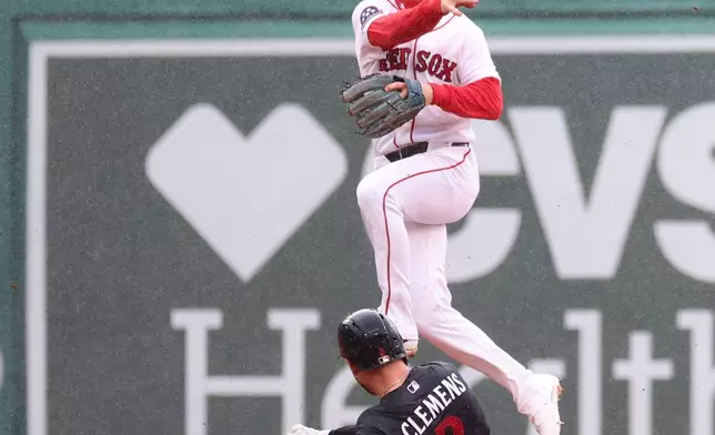 Boston Red Sox second baseman Nick Sogard, top, throws to first base after tagging out Minnesota Twins' Kody Clemens (2) for the first out of a double play during the third inning of a baseball game, Sunday, May 24, 2026, in Boston. (AP Photo/Mark Stockwell)