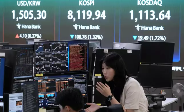 Currency traders work near a screen showing the Korea Composite Stock Price Index (KOSPI), top center, and the foreign exchange rate between U.S. dollar and South Korean won, top left, at the foreign exchange dealing room of the Hana Bank headquarters in Seoul, South Korea, Thursday, May 28, 2026. (AP Photo/Ahn Young-joon)