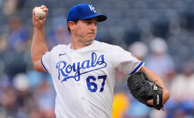 Kansas City Royals starting pitcher Seth Lugo throws during the first inning of a baseball game against the Boston Red Sox, Monday, May 18, 2026, in Kansas City, Mo. (AP Photo/Charlie Riedel)