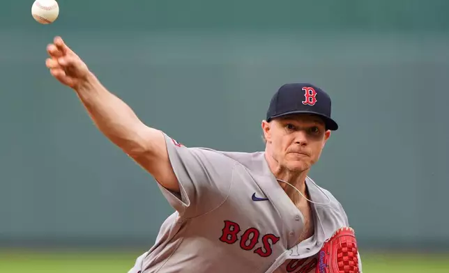 Boston Red Sox starting pitcher Sonny Gray throws during the first inning of a baseball game against the Kansas City Royals, Monday, May 18, 2026, in Kansas City, Mo. (AP Photo/Charlie Riedel)