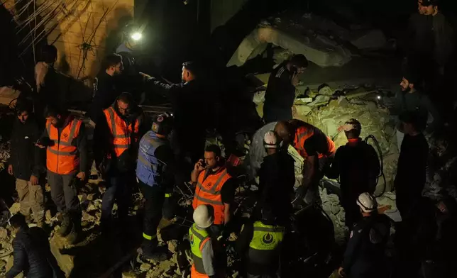 Rescue workers search through the rubble of a damaged building for survivors following an Israeli airstrike in Dahiyeh, Beirut's southern suburbs, Lebanon, Wednesday, May 6, 2026. (AP Photo/Hassan Ammar)