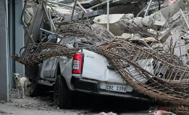 A dog stands beside a damaged pick-up truck at the ruins of a collapsed building where multiple people are believed to be trapped in Angeles city in Pampanga province, north of Manila, Philippines, Monday, May 25, 2026. (AP Photo/Aaron Favila)
