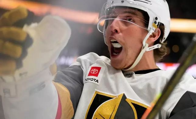 Vegas Golden Knights right wing Mitch Marner celebrates his goal during the second period in Game 3 of a second-round NHL hockey Stanley Cup playoff series against the Anaheim Ducks, Friday, May 8, 2026, in Anaheim, Calif. (AP Photo/Mark J. Terrill)