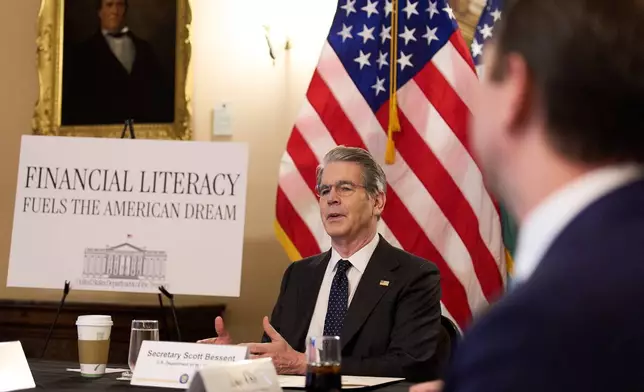 Treasury Secretary Scott Bessent meets with members of the Association of Mature American Citizens (AMAC), about financial literacy, Wednesday, April 29, 2026, at the Treasury Department, in Washington. (AP Photo/Jacquelyn Martin)