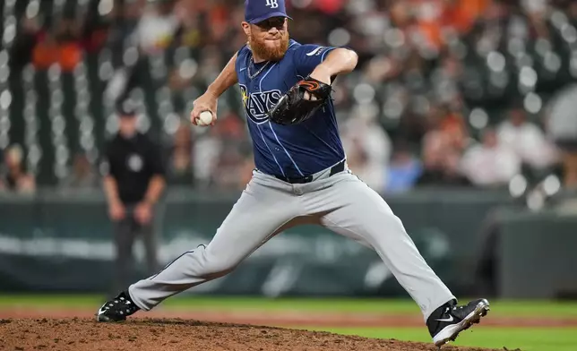 Tampa Bay Rays pitcher Craig Kimbrel delivers during the ninth inning of a baseball game against the Baltimore Orioles, Tuesday, May 26, 2026, in Baltimore. (AP Photo/Stephanie Scarbrough)