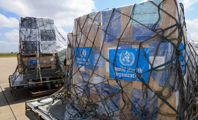 World Health Organization (WHO) emergency supplies headed for Congo to combat the Ebola outbreak in Ituri province, seen at Jomo Kenyatta International Airport in Nairobi, Kenya, Wednesday, May 20, 2026. (AP Photo/Andrew Kasuku)