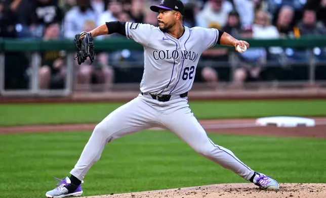 Colorado Rockies pitcher Jose Quintana delivers during the first inning of a baseball game against the Pittsburgh Pirates in Pittsburgh, Wednesday, May 13, 2026. (AP Photo/Gene J. Puskar)