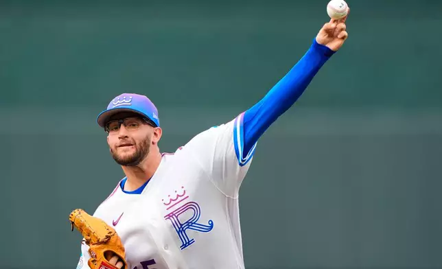 Kansas City Royals starting pitcher Noah Cameron throws during the first inning of a baseball game against the Seattle Mariners, Friday, May 22, 2026, in Kansas City, Mo. (AP Photo/Charlie Riedel)