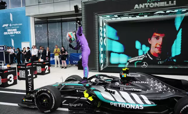 Mercedes driver Kimi Antonelli of Italy celebrates after winning the Miami Formula One Grand Prix auto race, Sunday, May 3, 2026, in Miami Gardens, Fla. (AP Photo/Rebecca Blackwell)