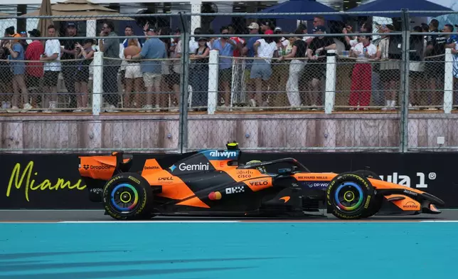 McLaren driver Lando Norris of Britain steers his car during the Miami Formula One Grand Prix auto race, Sunday, May 3, 2026, in Miami Gardens, Fla. (AP Photo/Marta Lavandier)