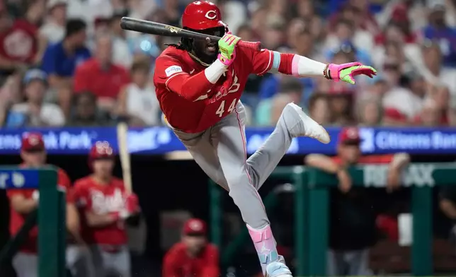 Cincinnati Reds' Elly de la Cruz dodges a pitch from Philadelphia Phillies' José Alvarado during the eighth inning of a baseball game Monday, May 18, 2026, in Philadelphia. (AP Photo/Matt Slocum)