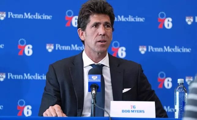 Bob Myers, President of Sports for Harris Blitzer Sports &amp; Entertainment, speaks with members of the media during a news conference at the Philadelphia 76ers NBA basketball team's practice facility in Camden, N.J., Thursday, May 14, 2026. (AP Photo/Matt Rourke)