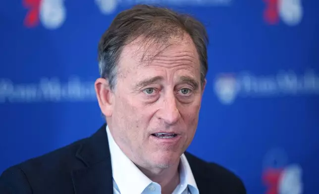 Philadelphia 76ers Managing Partner Josh Harris speaks with members of the media during a news conference at the NBA basketball team's practice facility in Camden, N.J., Thursday, May 14, 2026. (AP Photo/Matt Rourke)