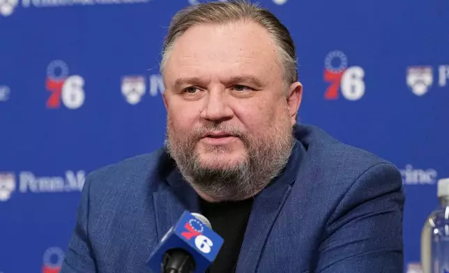 FILE - Philadelphia 76ers President of Basketball Operations Daryl Morey speaks after an NBA basketball game, April 13, 2025, in Philadelphia. (AP Photo/Matt Rourke, File)