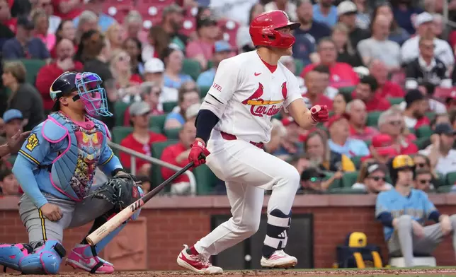 St. Louis Cardinals' JJ Wetherholt follows through on an RBI single during the second inning of a baseball game against Milwaukee Brewers Monday, May 4, 2026, in St. Louis. (AP Photo/Jeff Roberson)