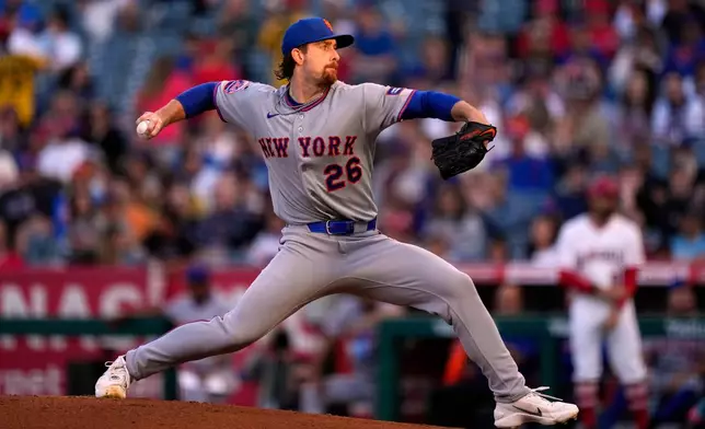 New York Mets pitcher Nolan McLean throws to the plate during the first inning of a baseball game against the Los Angeles Angels, Saturday, May 2, 2026, in Anaheim, Calif. (AP Photo/Mark J. Terrill)