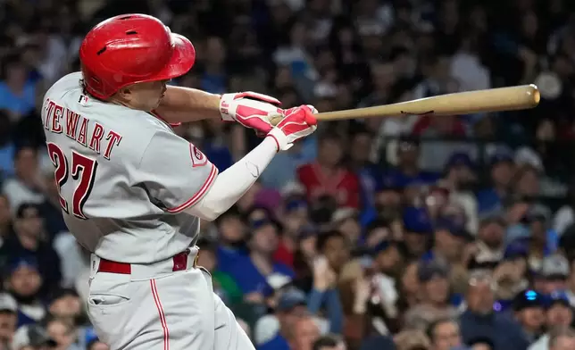 Cincinnati Reds' Sal Stewart hits a single during the first inning of a baseball game against the Chicago Cubs in Chicago, Monday, May 4, 2026. (AP Photo/Nam Y. Huh)