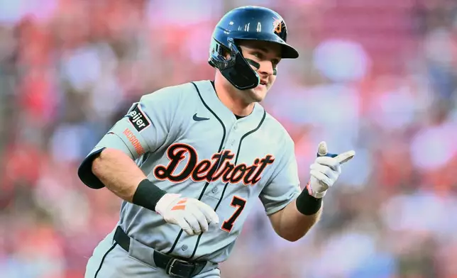 Detroit Tigers' Kevin McGonigle runs the bases after hitting a solo home run during the first inning of a baseball game against the Cincinnati Reds in Cincinnati, Saturday, April 25, 2026. (AP Photo/Ben Jackson)