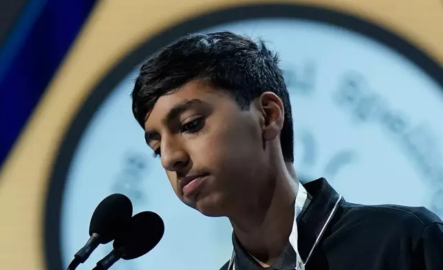 Shrey Parikh, 14, of Rancho Cucamonga, Calif., competes during the finals of the Scripps National Spelling Bee at DAR Constitution Hall, Thursday, May 28, 2026, in Washington. (AP Photo/Jose Luis Magana)