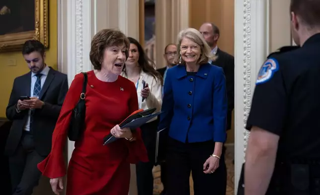 Senate Appropriations Committee Chair Susan Collins, R-Maine, left, and Sen. Lisa Murkowski, R-Alaska, arrive for a closed-door meeting with fellow Republican senators at the Capitol in Washington, Thursday, May 21, 2026. (AP Photo/J. Scott Applewhite)