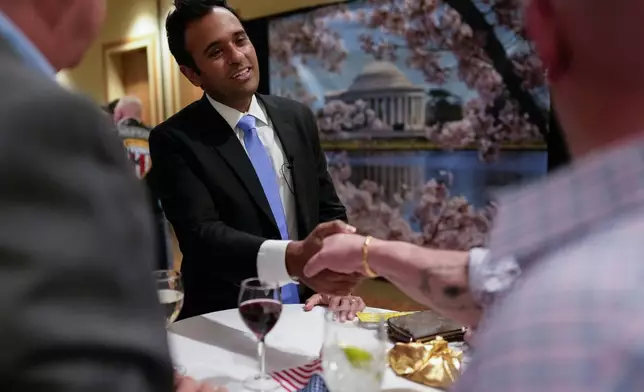 Republican Ohio gubernatorial candidate Vivek Ramaswamy greets supporters before the Warren County Republicans Lincoln Day Dinner at the Great Wolf Lodge in Mason, Ohio, Friday, April 10, 2026. (AP Photo/Carolyn Kaster)