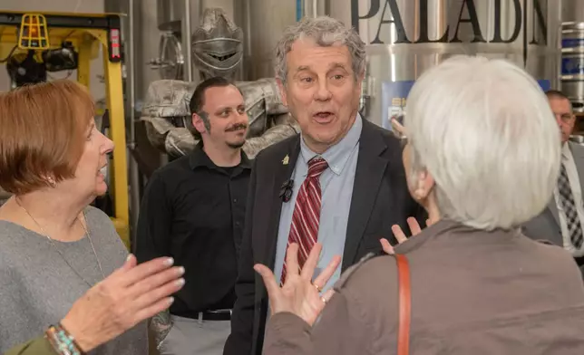 Former Democratic Sen. Sherrod Brown speaks to supporters during a campaign event ahead of primary elections at the Paladin Brewery in Austintown, Ohio, Thursday, April, 30, 2026. (AP Photo/Phil Long)