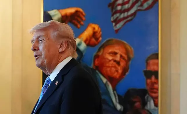 President Donald Trump talks with small business owners in the Grand Foyer of the White House, Monday, May 4, 2026, in Washington. (AP Photo/Jacquelyn Martin)