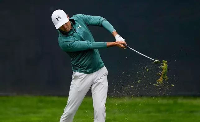 Jordan Spieth hits from the first fairway during the second round of the PGA Championship golf tournament at Aronimink Golf Club, Friday, May 15, 2026, in Newtown Square, PA. (AP Photo/Carolyn Kaster)