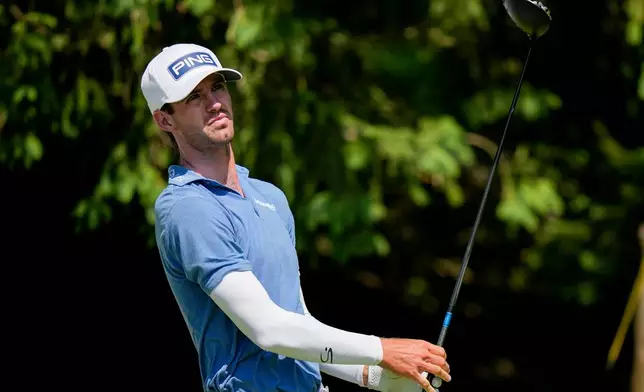 Alex Smalley hits from the fourth tee during the final round of the PGA Championship golf tournament at Aronimink Golf Club, Sunday, May 17, 2026, in Newtown Square, PA. (AP Photo/Frank Franklin II)