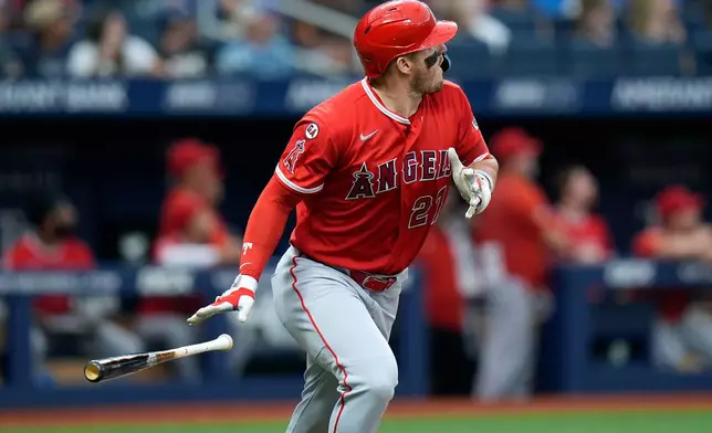 Los Angeles Angels' Mike Trout (27) watches his home run off Tampa Bay Rays pitcher Casey Legumina during the fifth inning of a baseball game Saturday, May 30, 2026, in St. Petersburg, Fla. (AP Photo/Chris O'Meara)