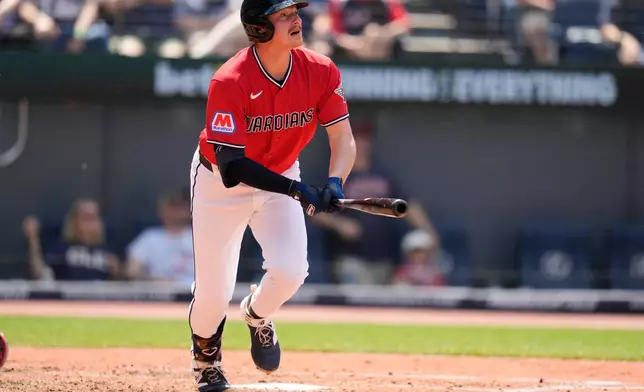 Cleveland Guardians' Kyle Manzardo watches his home run in the fifth inning of a baseball game against the Cincinnati Reds in Cleveland, Sunday, May 17, 2026. (AP Photo/Sue Ogrocki)