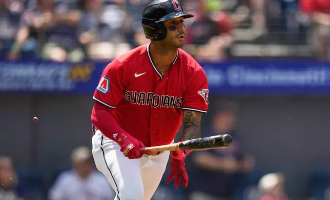 Cleveland Guardians' Brayan Rocchio watches his home run in the fourth inning of a baseball game against the Cincinnati Reds in Cleveland, Sunday, May 17, 2026. (AP Photo/Sue Ogrocki)