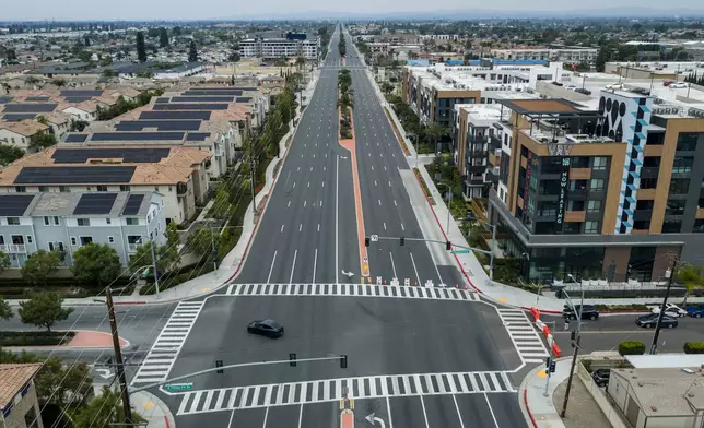 The streets remain empty in Garden Grove, Calif., on Sunday, May 24, 2026, after a storage tank containing a chemical used to make plastic parts overheated Thursday at an aerospace plastics facility. (AP Photo/Ethan Swope)