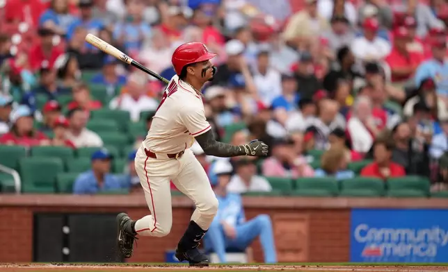 St. Louis Cardinals' Masyn Winn flies out during the first inning of a baseball game against the Kansas City Royals Saturday, May 16, 2026, in St. Louis. (AP Photo/Jeff Roberson)