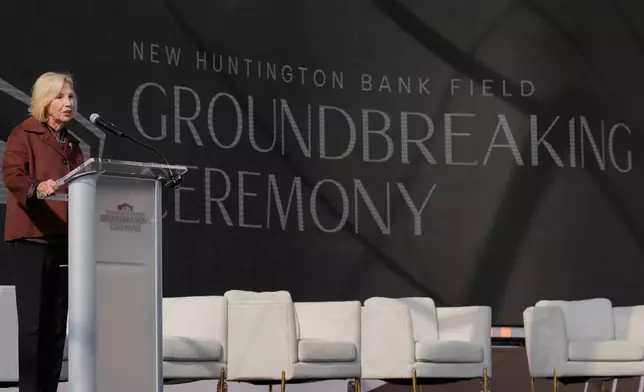 Dee Haslam, one of the principal owners of the Cleveland Browns, speaks during groundbreaking ceremonies for the the team's new stadium in Brook Park, Ohio, Thursday, April 30, 2026. (AP Photo/Sue Ogrocki)