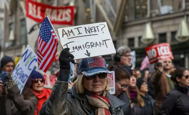 FILE - Demonstrators march down Fifth Avenue during a protest against war in Venezuela and Immigration and Customs Enforcement, Jan. 11, 2026, in New York. (AP Photo/Heather Khalifa, File)