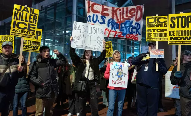 FILE - Demonstrators rally before marching to the White House in Washington, Jan. 8, 2026, as they protest against the Immigration and Customs Enforcement (ICE) agent who fatally shot Renee Nicole Good in Minneapolis. (AP Photo/Jose Luis Magana, File)