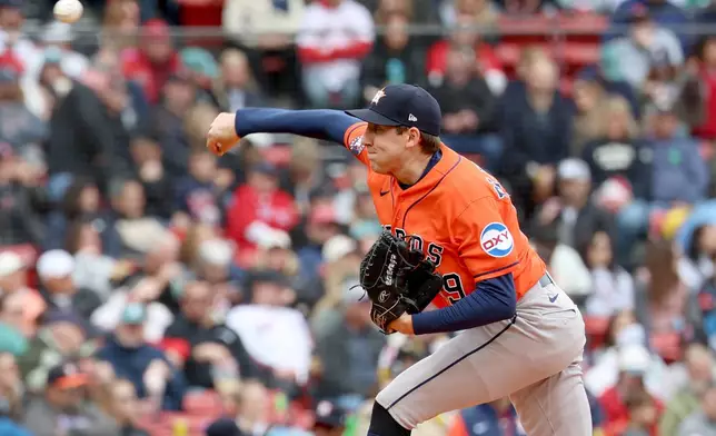 Houston Astros pitcher AJ Blubaugh throws during the third inning of a baseball game against the Boston Red Sox, Sunday, May 3, 2026, in Boston. (AP Photo/Mark Stockwell)