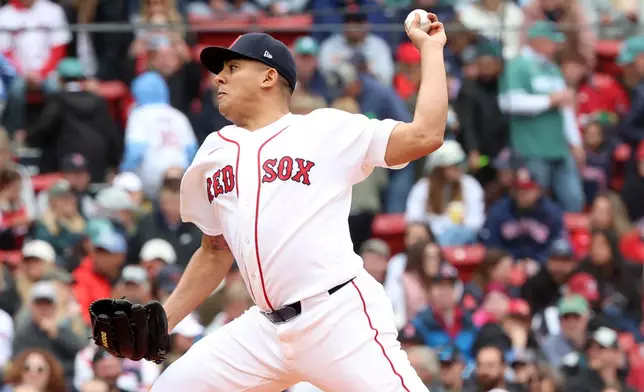 Boston Red Sox pitcher Ranger Suarez throws during the fourth inning of a baseball game against the Houston Astros, Sunday, May 3, 2026, in Boston. (AP Photo/Mark Stockwell)
