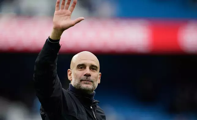 FILE - Manchester City's head coach Pep Guardiola greets fans at the end of the English Premier League soccer match between Manchester City and Brentford in Manchester, Saturday, May 9, 2026. (AP Photo/Dave Thompson, File)
